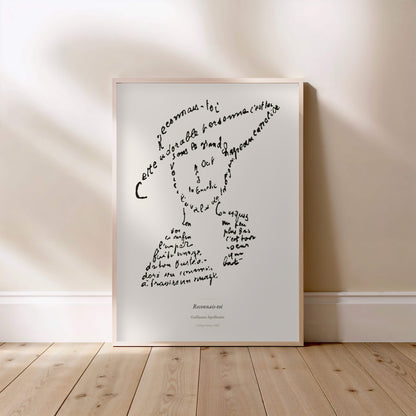 Reconnais-toi - Apollinaire - Affiche Calligramme Poésie, affiche encadrée posée au sol, cadre bois clair