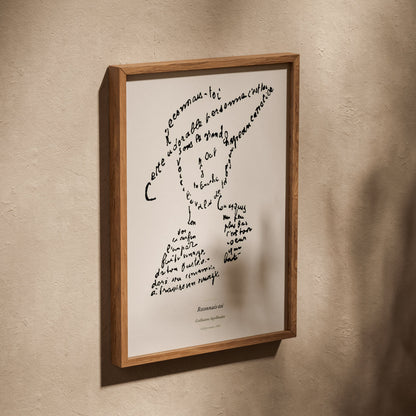 Reconnais-toi - Apollinaire - Affiche Calligramme Poésie, affiche dans un cadre en chêne posé de biais sur un mur texturé