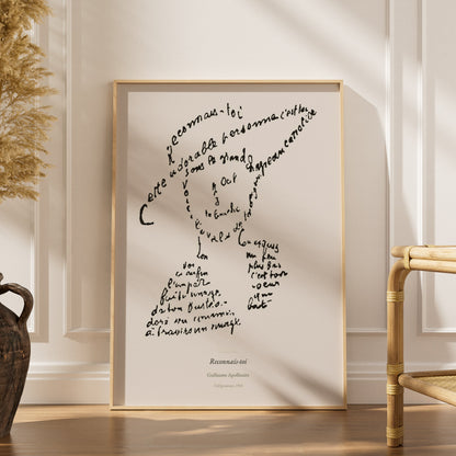 Reconnais-toi - Apollinaire - Affiche Calligramme Poésie, affiche encadrée dans un intérieur élégant, herbes séchées et chais