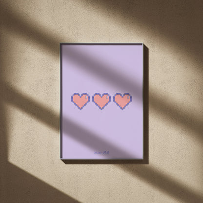 Retro Gaming Pixel Heart | Poster Rétro, affiche encadrée sur un mur beige, ombres de fenêtre