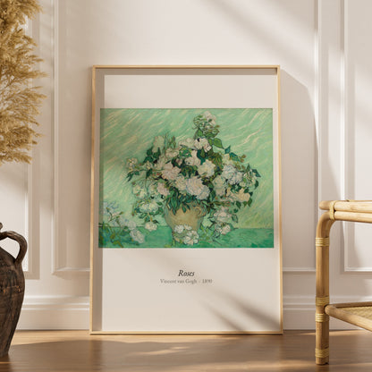 Roses, Vincent van Gogh | Affiche Art Premium, affiche encadrée dans un intérieur élégant, herbes séchées et chaise en rotin