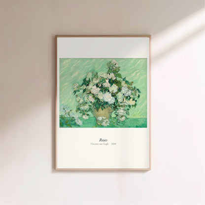 Roses, Vincent van Gogh | Affiche Art Premium, affiche encadrée sur un mur clair