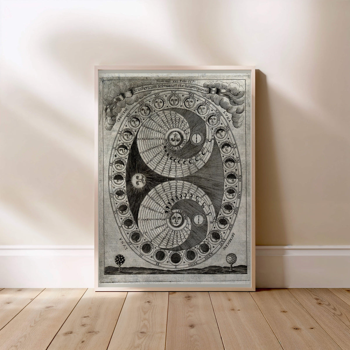 Sciathericum - Baroque Sundial - Vintage Science Poster, framed poster standing on the floor, light wood frame