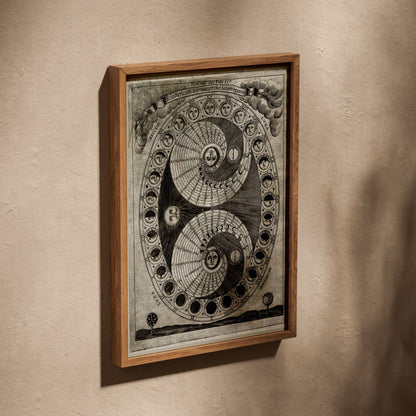 Sciathericum - Baroque Sundial - Vintage Science Poster, poster in an oak frame leaning on a textured wall