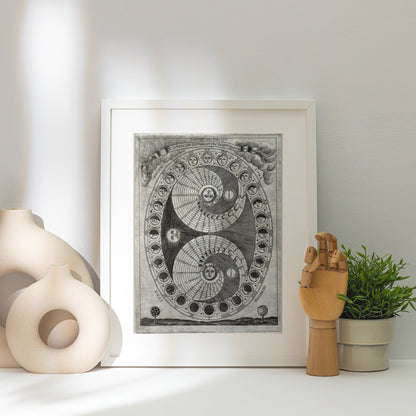 Sciathericum - Baroque Sundial - Vintage Science Poster, framed poster next to a white vase, raking light