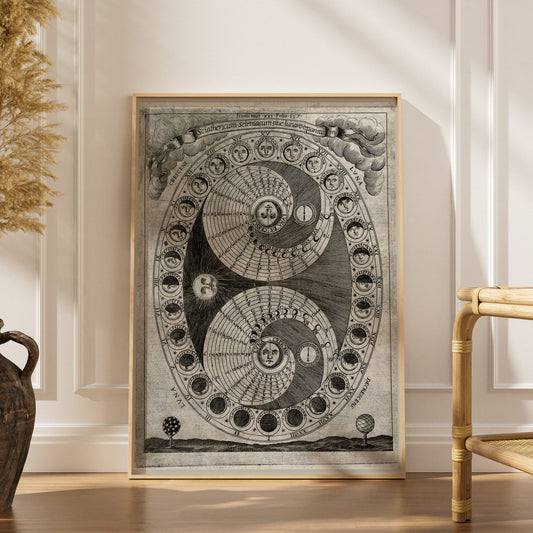 Sciathericum - Cadran Solaire Baroque - Affiche Sciences, affiche encadrée dans un intérieur élégant, herbes séchées et chais