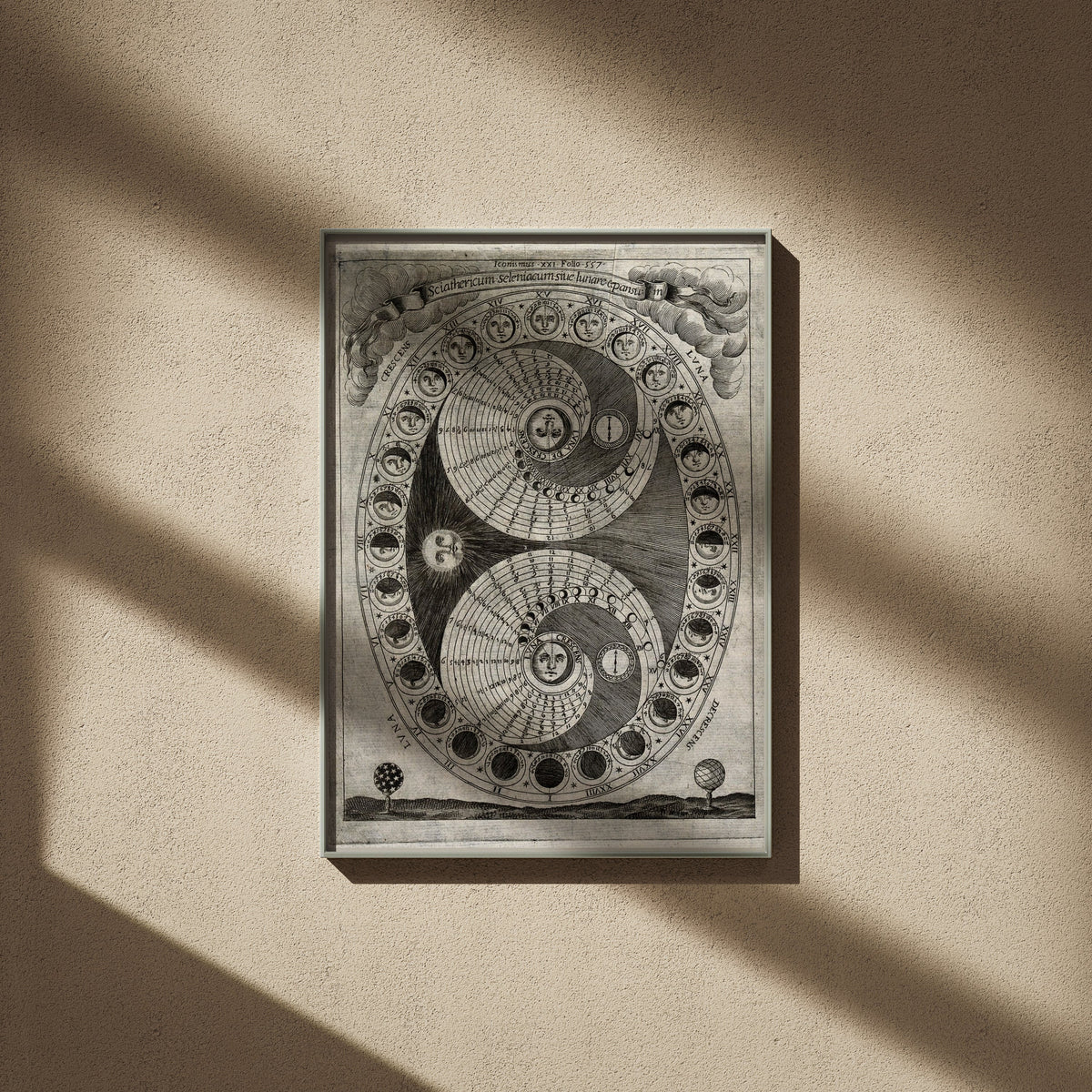 Sciathericum - Baroque Sundial - Vintage Science Poster, framed poster on a beige wall, window shadows