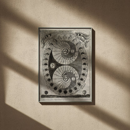 Sciathericum - Baroque Sundial - Vintage Science Poster, framed poster on a beige wall, window shadows