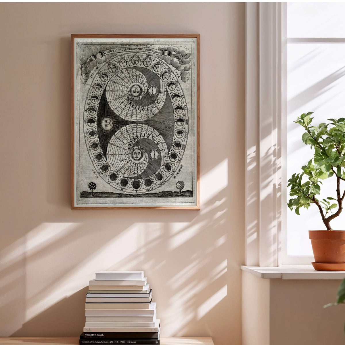 Sciathericum - Baroque Sundial - Vintage Science Poster, framed poster above a stack of books