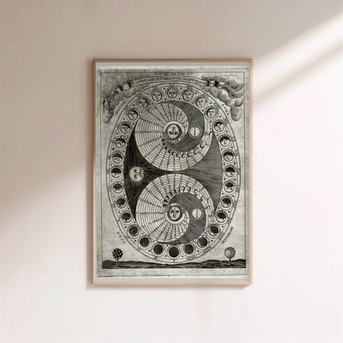 Sciathericum - Baroque Sundial - Vintage Science Poster, framed poster on a light wall