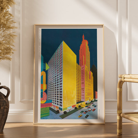 Sheraton Chicago - Affiche Vintage Hôtel Pop Art, affiche encadrée dans un intérieur élégant, herbes séchées et chaise en rot