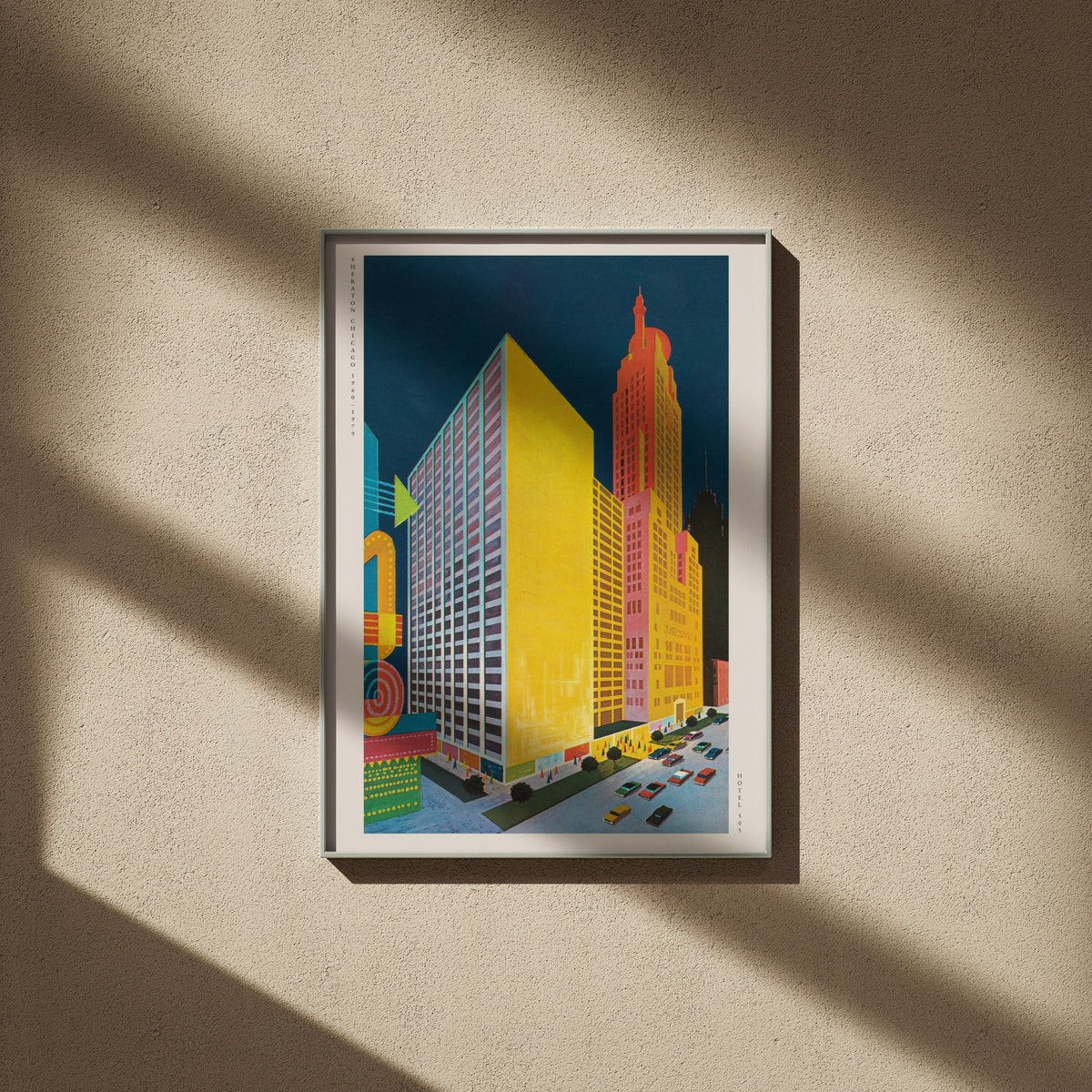 Sheraton Chicago - Vintage Hotel Pop Art Poster, framed poster on a beige wall, window shadows