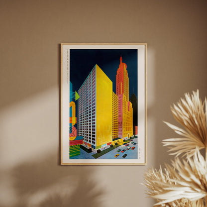 Sheraton Chicago - Vintage Hotel Pop Art Poster, framed poster on a beige wall, pampas grass in the foreground