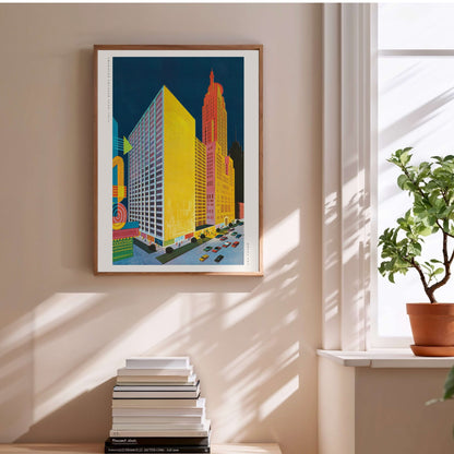 Sheraton Chicago - Vintage Hotel Pop Art Poster, framed poster above a stack of books