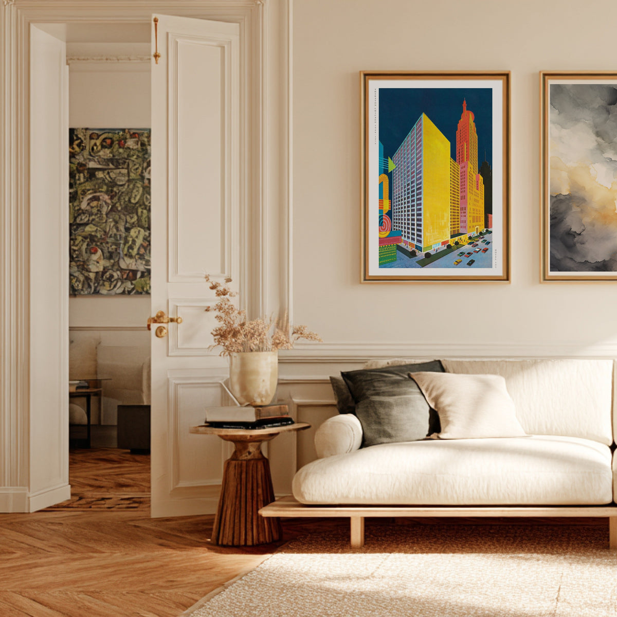 Sheraton Chicago - Vintage Hotel Pop Art Poster, framed poster in a Parisian Haussmann living room
