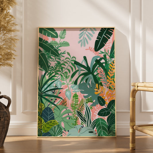 Pink Jungle | Poster Jardin, affiche encadrée dans un intérieur élégant, herbes séchées et chaise en rotin