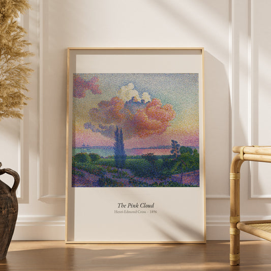 The Pink Cloud, Henri-Edmond Cross, affiche encadrée dans un intérieur élégant, herbes séchées et chaise en rotin