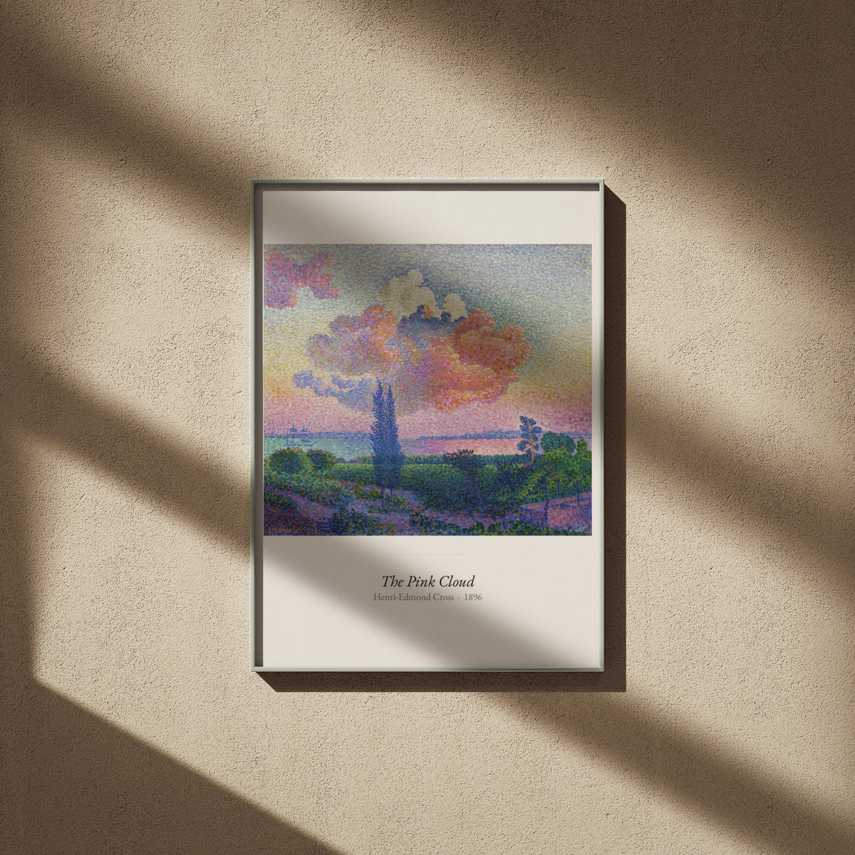 The Pink Cloud, Henri-Edmond Cross, affiche encadrée sur un mur beige, ombres de fenêtre
