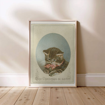 Thy Christmas Be Happy - Carte Victorienne au Chat - Affiche Vintage