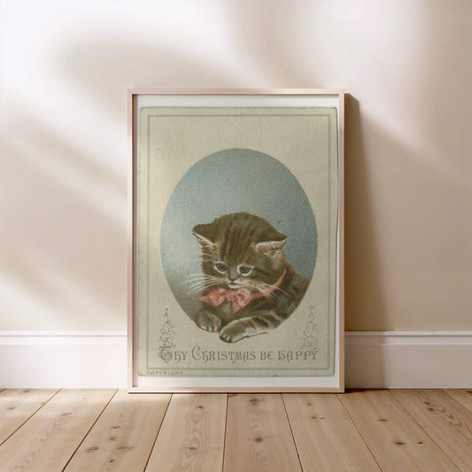 Thy Christmas Be Happy - Carte Victorienne au Chat - Affiche Vintage