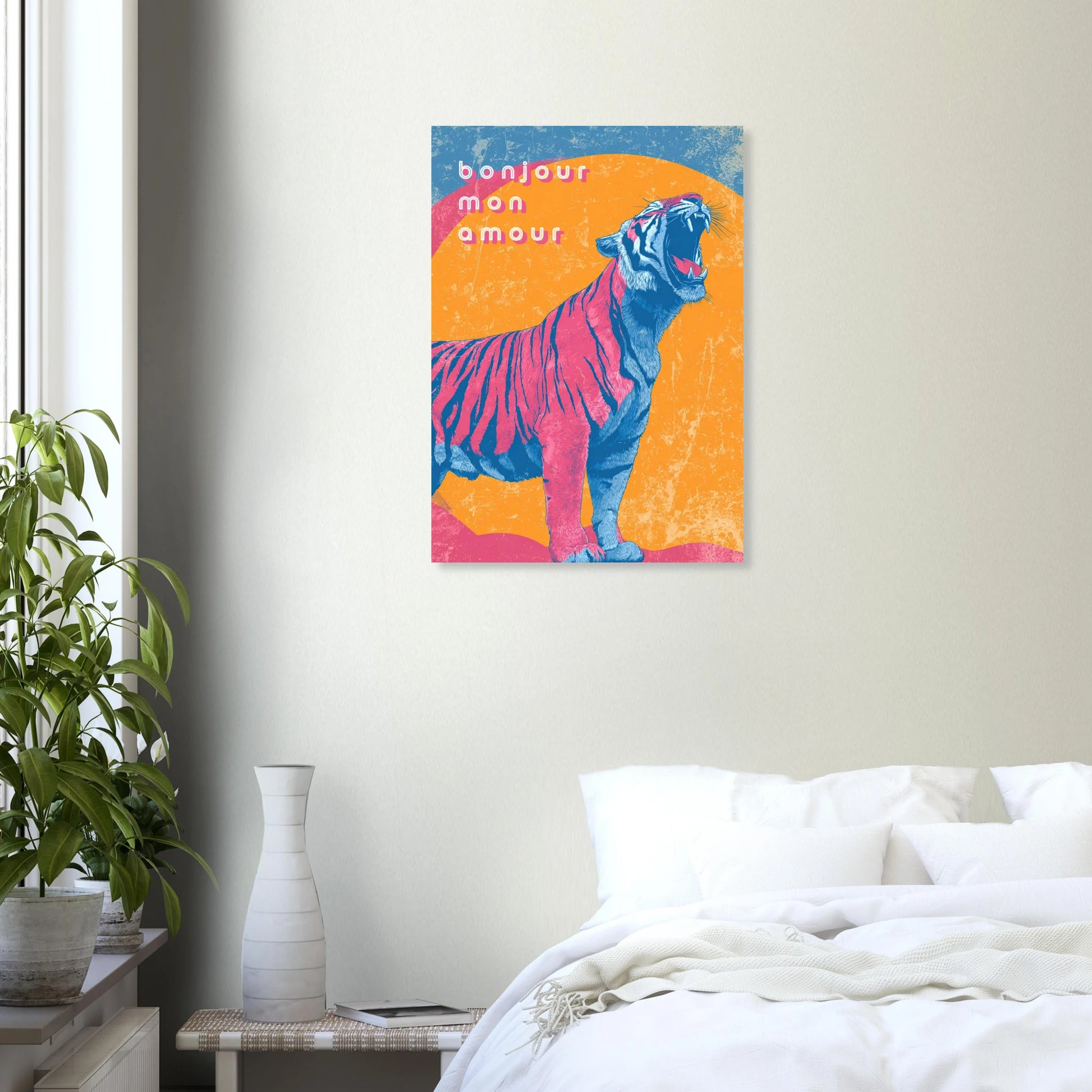 affiche à message, tigre fatiguée qui raconte "bonjour mon amour"