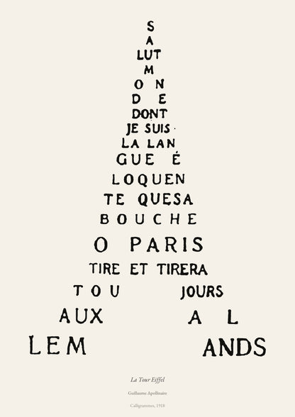 La Tour Eiffel, Guillaume Apollinaire | Calligramme Affiche Premium | Heure d'Été Studio