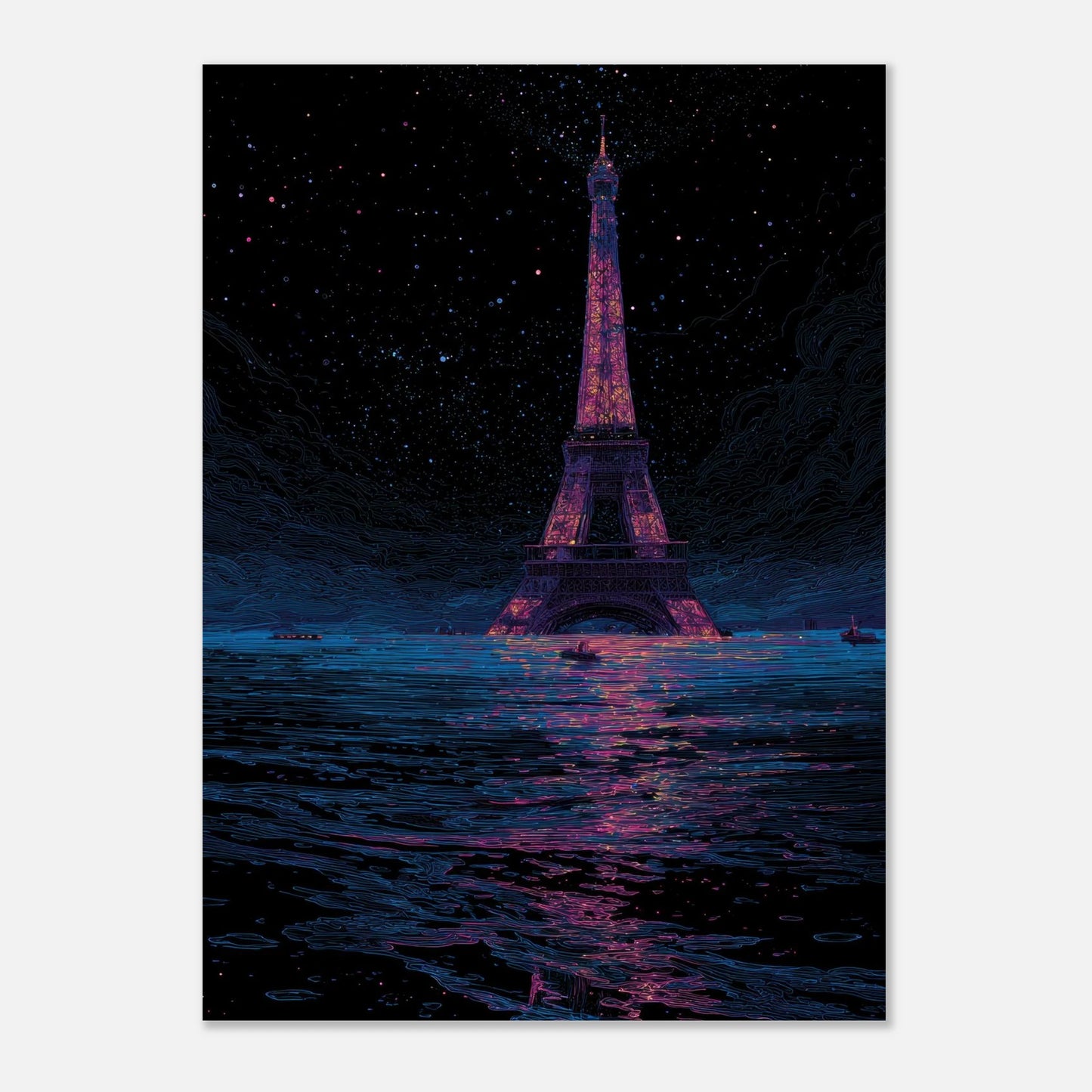 Affiche du ciel étoilé et de la tour Eiffel, effets néons, original, printed in France.
