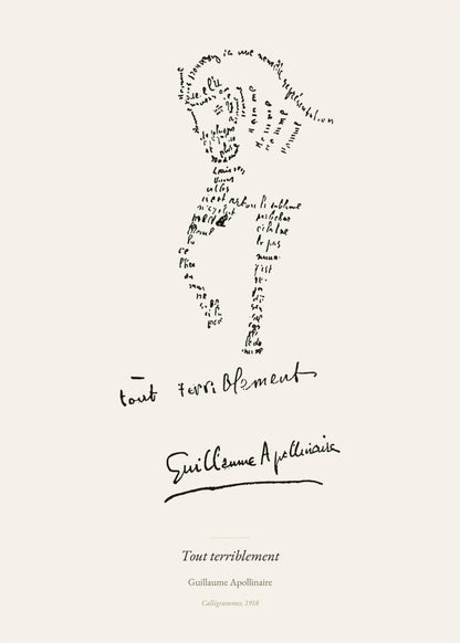 Tout terriblement - Apollinaire - Affiche Calligramme Poésie, l'affiche seule, papier épais mat éco-responsable