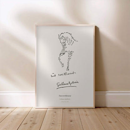 Tout terriblement - Apollinaire - Affiche Calligramme Poésie, affiche encadrée posée au sol, cadre bois clair