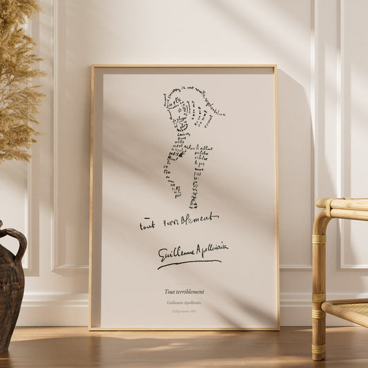 Tout terriblement - Apollinaire - Affiche Calligramme Poésie, affiche encadrée dans un intérieur élégant, herbes séchées et c