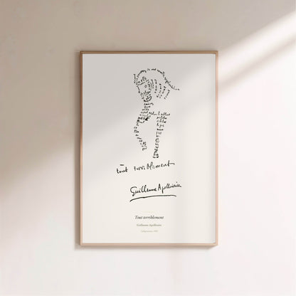 Tout terriblement - Apollinaire - Affiche Calligramme Poésie, affiche encadrée sur un mur clair