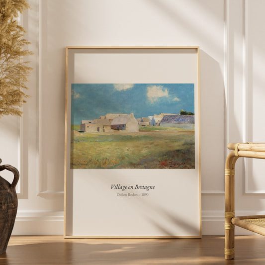 Village en Bretagne, Odilon Redon | Affiche Art Premium, affiche encadrée dans un intérieur élégant, herbes séchées et chaise