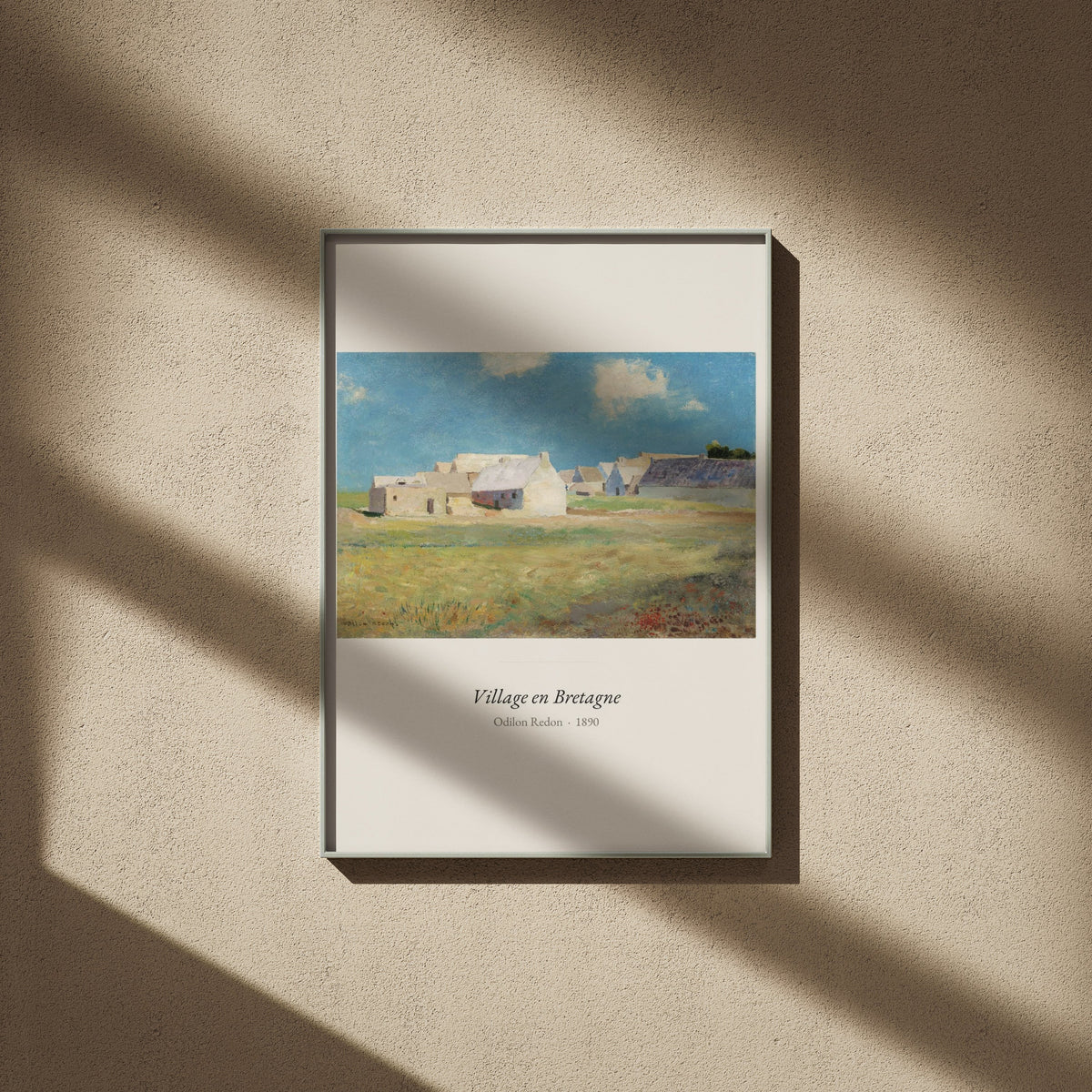 Village en Bretagne, Odilon Redon | Affiche Art Premium, affiche encadrée sur un mur beige, ombres de fenêtre