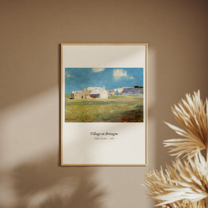Village en Bretagne, Odilon Redon | Affiche Art Premium, affiche encadrée sur un mur beige, pampas au premier plan