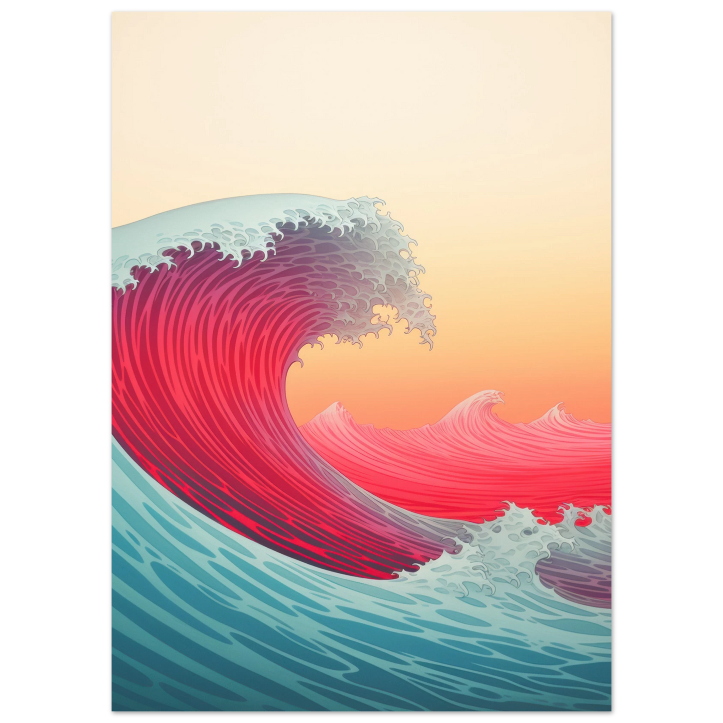 Affiche rouge et orangée, de la mer au coucher de soleil