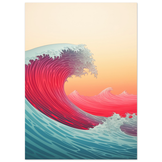 Affiche rouge et orangée, de la mer au coucher de soleil