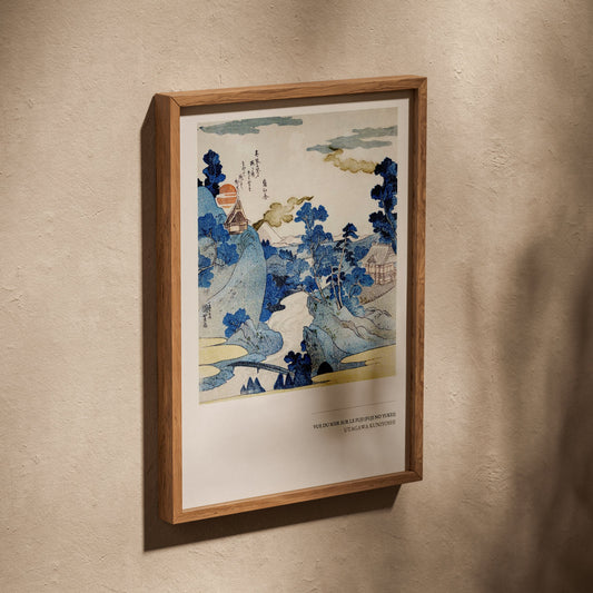 Vue du Soir sur le Fuji - Kuniyoshi - Estampe, affiche dans un cadre en chêne posé de biais sur un mur texturé