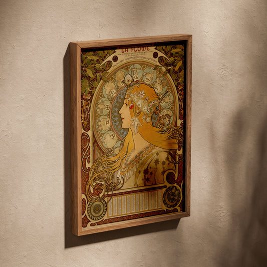 Zodiaque La Plume - Alphonse Mucha, affiche dans un cadre en chêne posé de biais sur un mur texturé