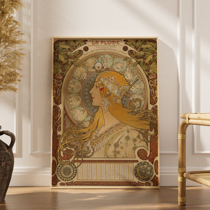 Zodiaque La Plume - Alphonse Mucha, affiche encadrée dans un intérieur élégant, herbes séchées et chaise en rotin