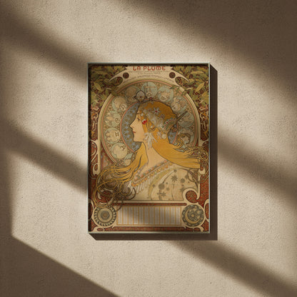 Zodiaque La Plume - Alphonse Mucha, affiche encadrée sur un mur beige, ombres de fenêtre