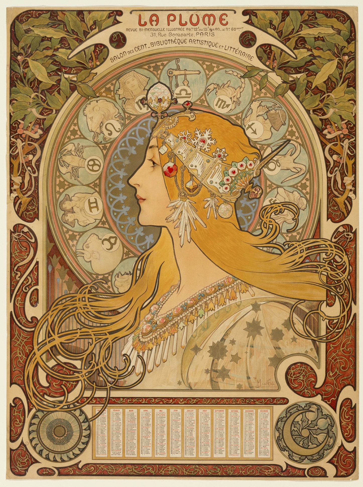 Zodiaque La Plume - Alphonse Mucha - Affiche Art Nouveau 1896